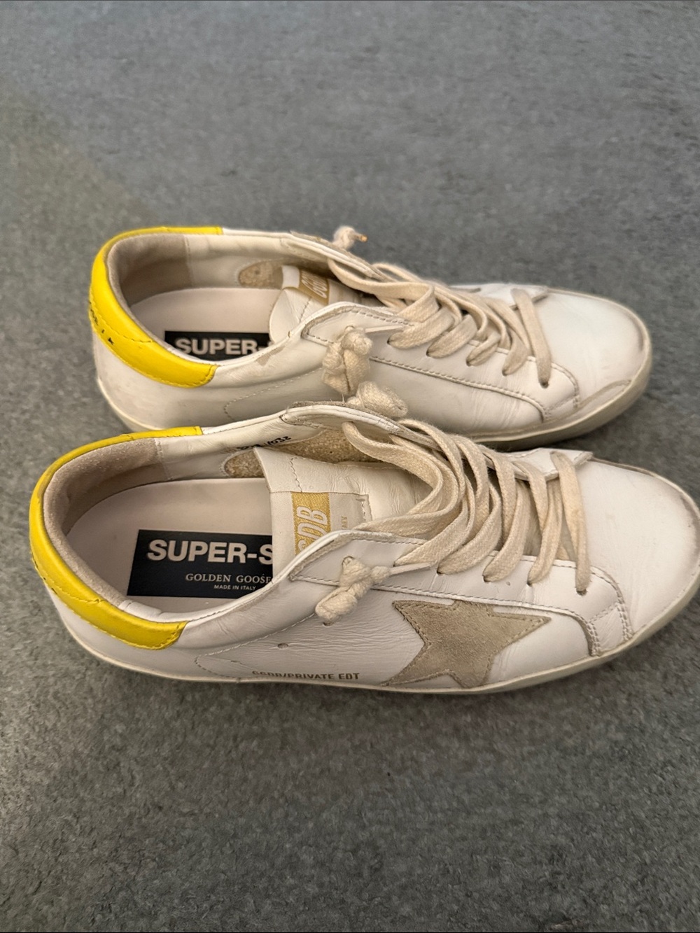 Golden Goose Super-Star Low Top White Sneakers with Yellow Heel Accent - Picture 2 of 5